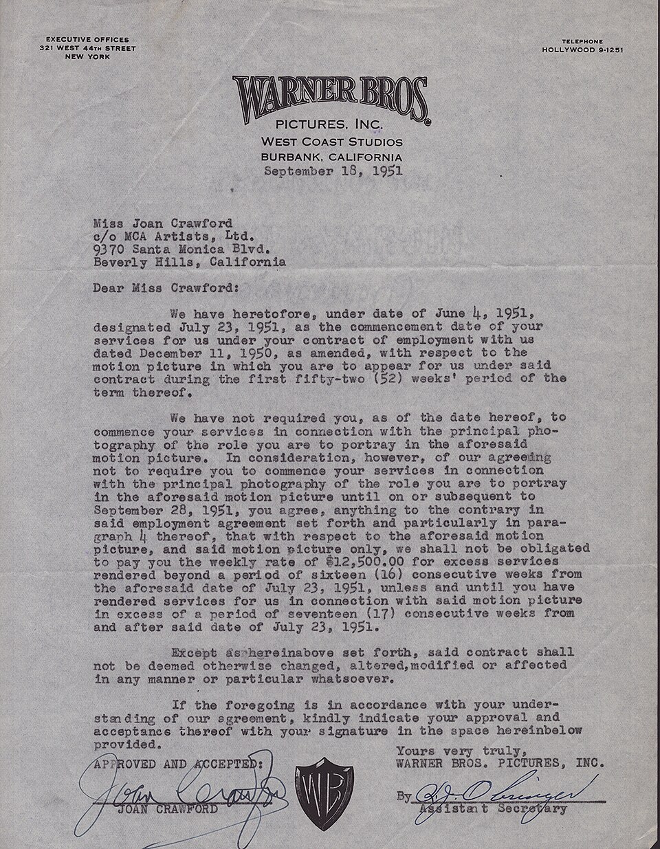 Kara Zor — Joan Crawford Warner Bros contract on September 18, 1951